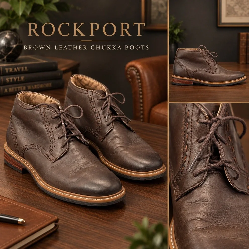 Rockport Mens Brown Leather Chukka Boots A12491 Adiprene by Adidas Size 9.5 M
